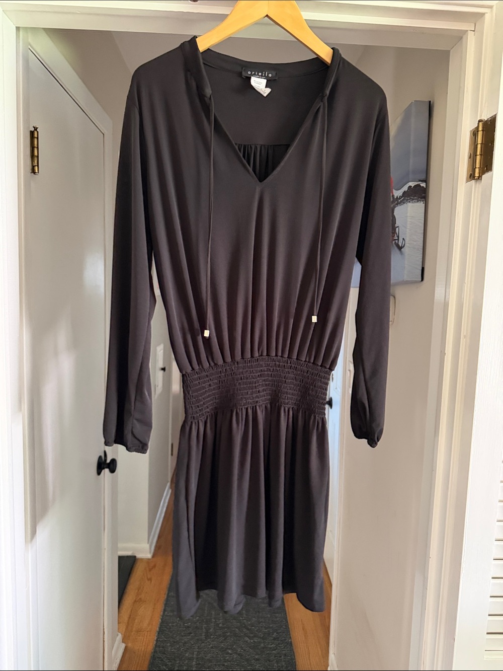 Ariella Black Long-Sleeve V-Neck Smocked Waist Dress
